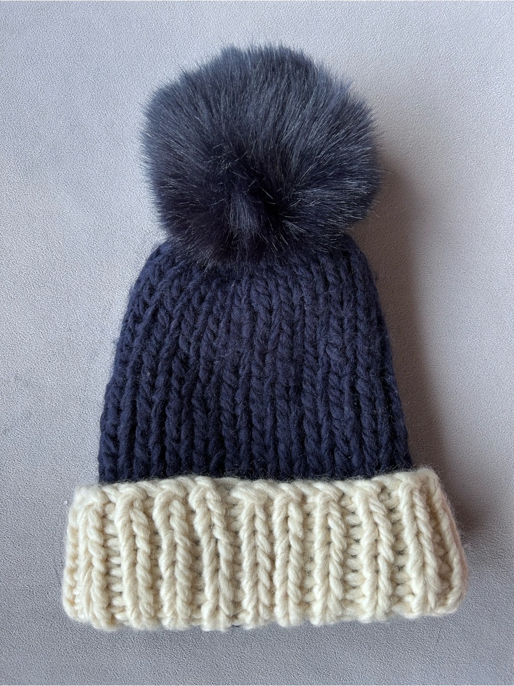 Kyi Kyi ~ Faux Fur Pompom Knit Toque ~ Blue Cream